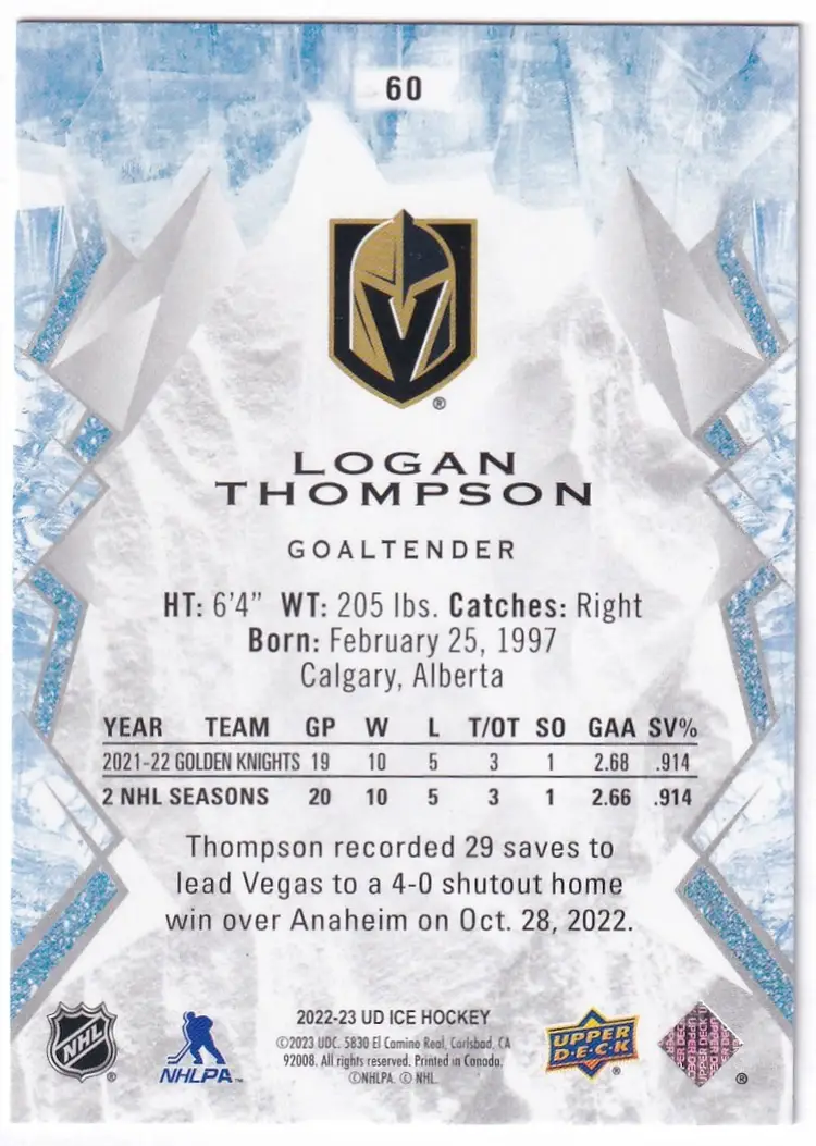 2022-23 Upper Deck Ice Green #60 Logan Thompson Vegas Golden Knights Hockey Card