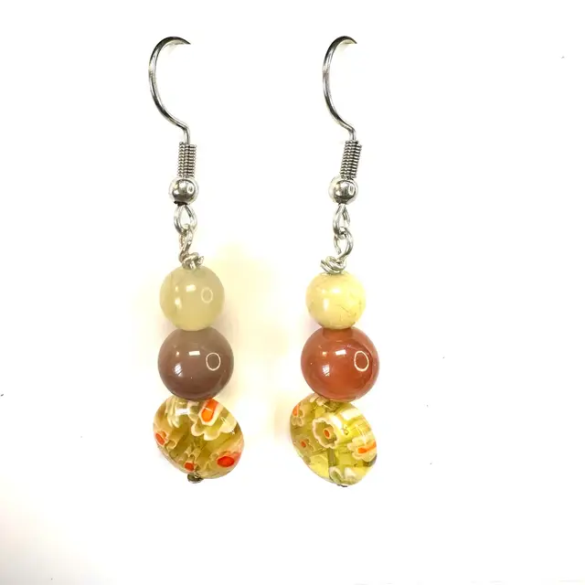 Millefiori Glass Stone Beads Dangle Earrings Silver Tone 1.75” Made By Me