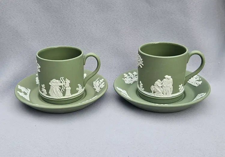Wedgwood Jasperware Sage Green Dimitasse Cups And Saucers 4 Piece Set