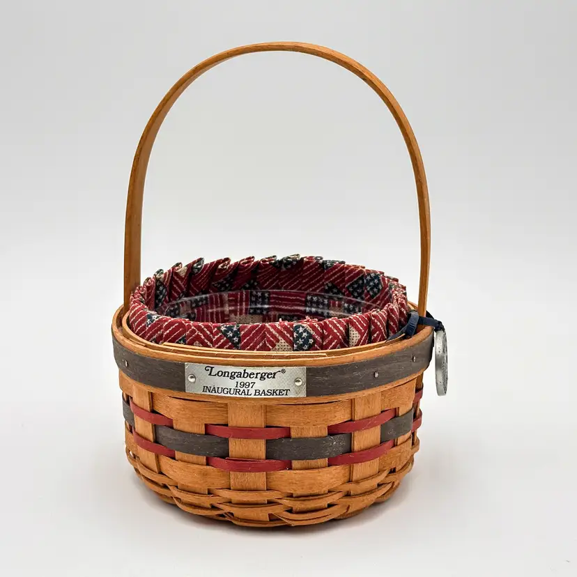 Longaberger 1997 Inaugural Basket Plastic & Cloth Liner Dated Charm Signed 7.5"H 5.5"W B25