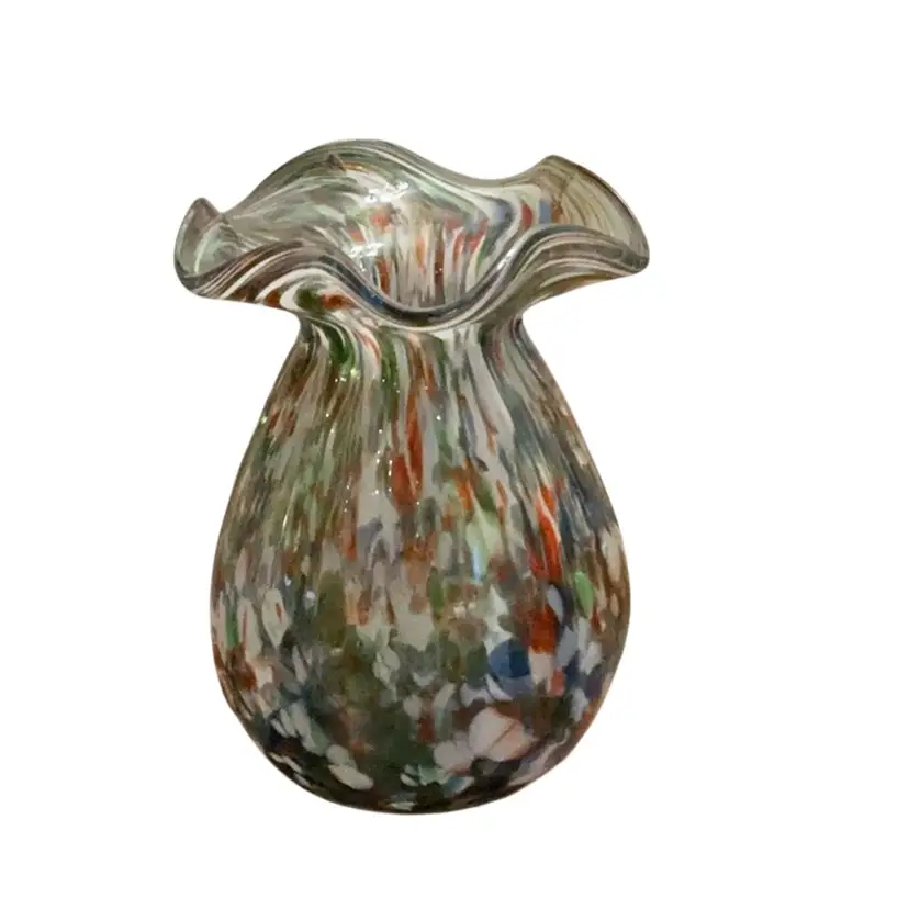 Vintage MCM Confetti Splatter Hand Blown Ruffled Vase 7” X 6”