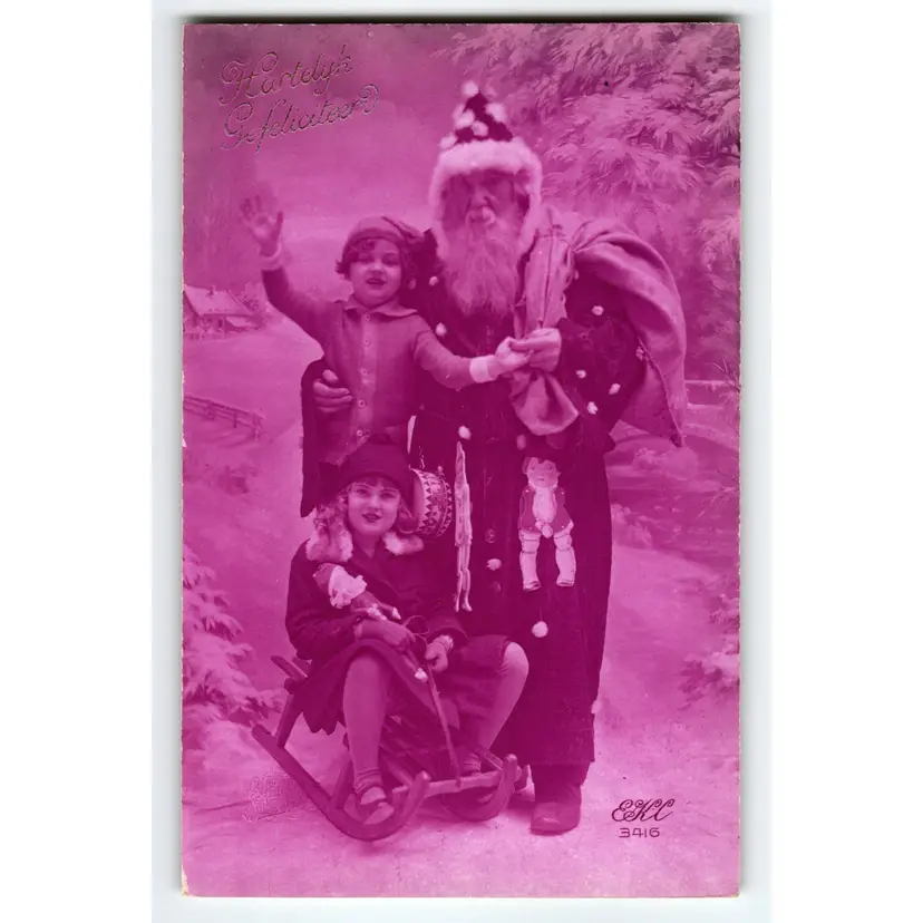 Santa Claus Outside With Children Christmas Postcard Old World Europe PINK Tone