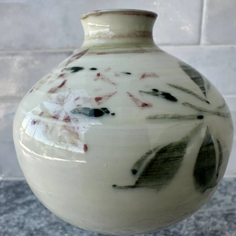 Signed Studio Pottery Bud Vase Mini Vase Green and Cream Floral Glaze 6" Round 3" Tall