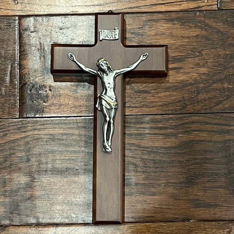 Crucifix Walnut Wood & Metal Religious 6" x 10" - Vintage Made in Korea
