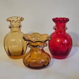 3 Vintage Pilgrim Art Glass Miniature Ruby Red & Amber Vases Applied Rigaree Style