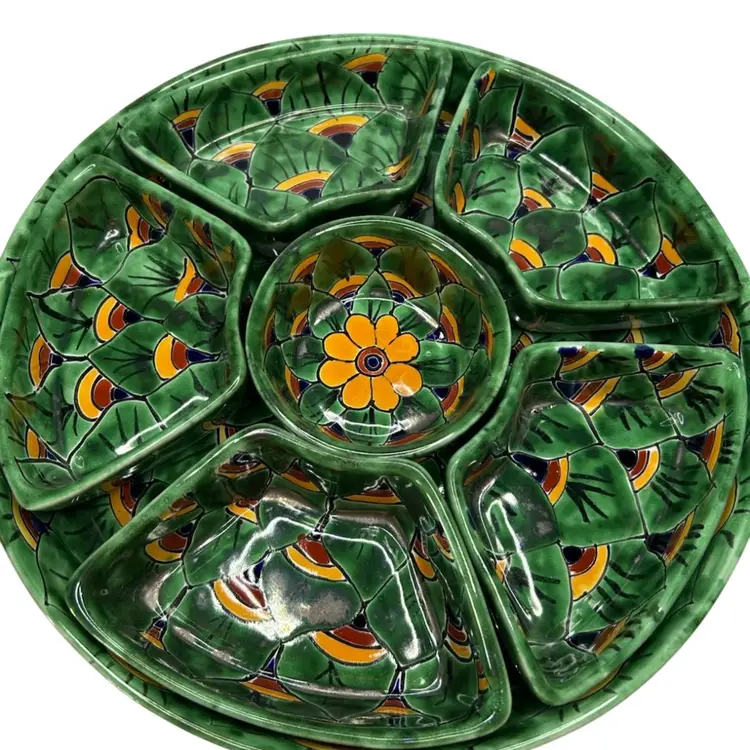 7 Piece Condiment/Chips And Salsa Talavera  Mexico Dish 12 1/2 “ Diameter