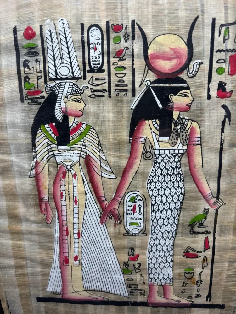 Hand Painted Ancient Egyptian Papyrus Replica From Temple Walls Isis & Nefertari