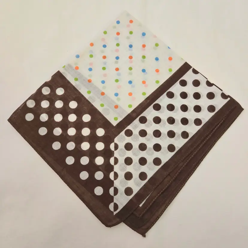 Handkerchief Polka Dots Multicolored Brown Border 12"×12" Unbranded Hankie Vintage