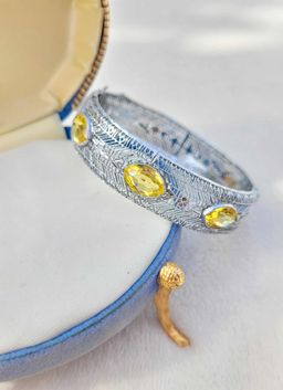 Vintage Art Deco Yellow Stone Filigree Silver Tone Hinged Bangle Bracelet