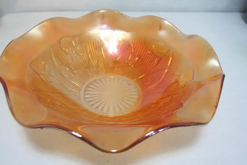 VTG Jeanette Carnival Iridescent Ruffle Glass Bowl Marigold Iris Herringbone MCM