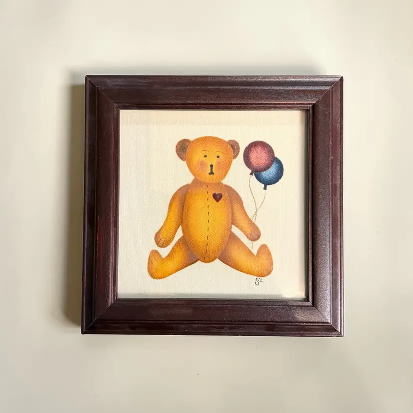 Vintage Theorem Painting on Velvet Bear With Balloons Framed Wall Art 1996 Sandra Jean Coldren 7x7