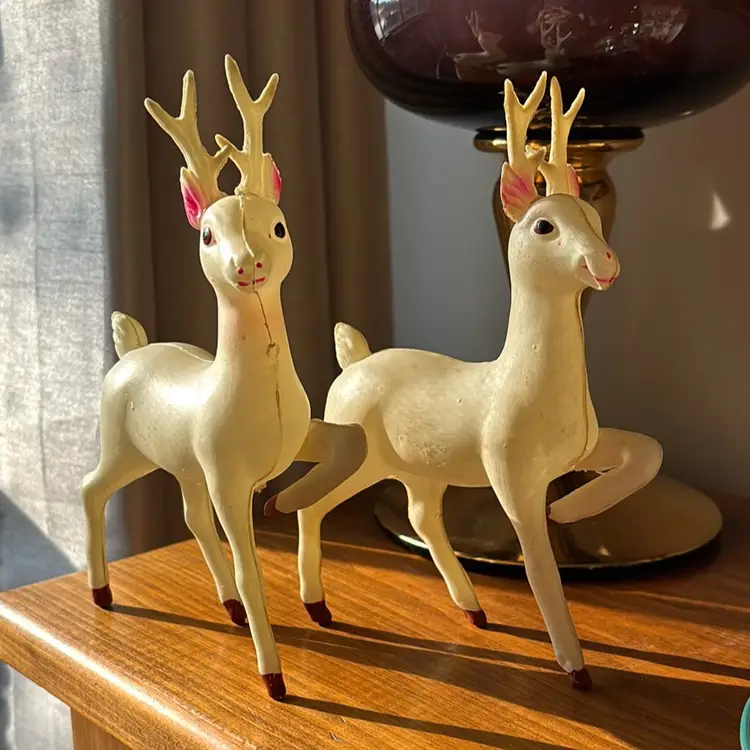 Vintage Pair Celluloid Prancing White Reindeer