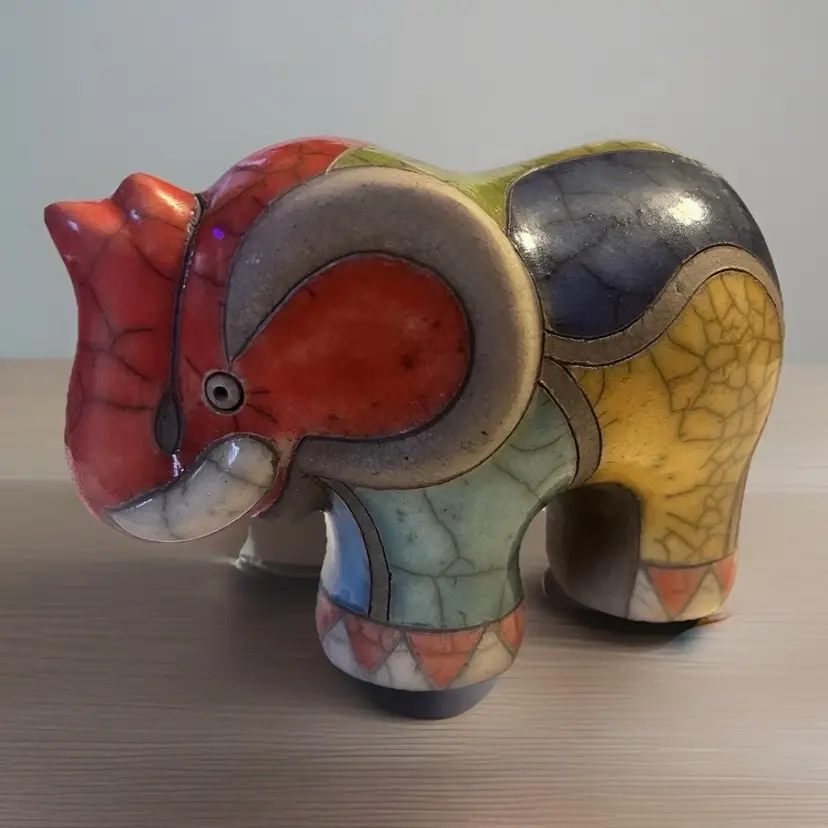 Raku Art Pottery ELEPHANT Genuine FENIX South African Multicolor SIGNED 10cm/4"H
