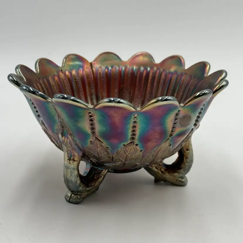 Antique Northwood Leaf And Beads Amethyst Carnival Glass Three Footed Nut Bowl