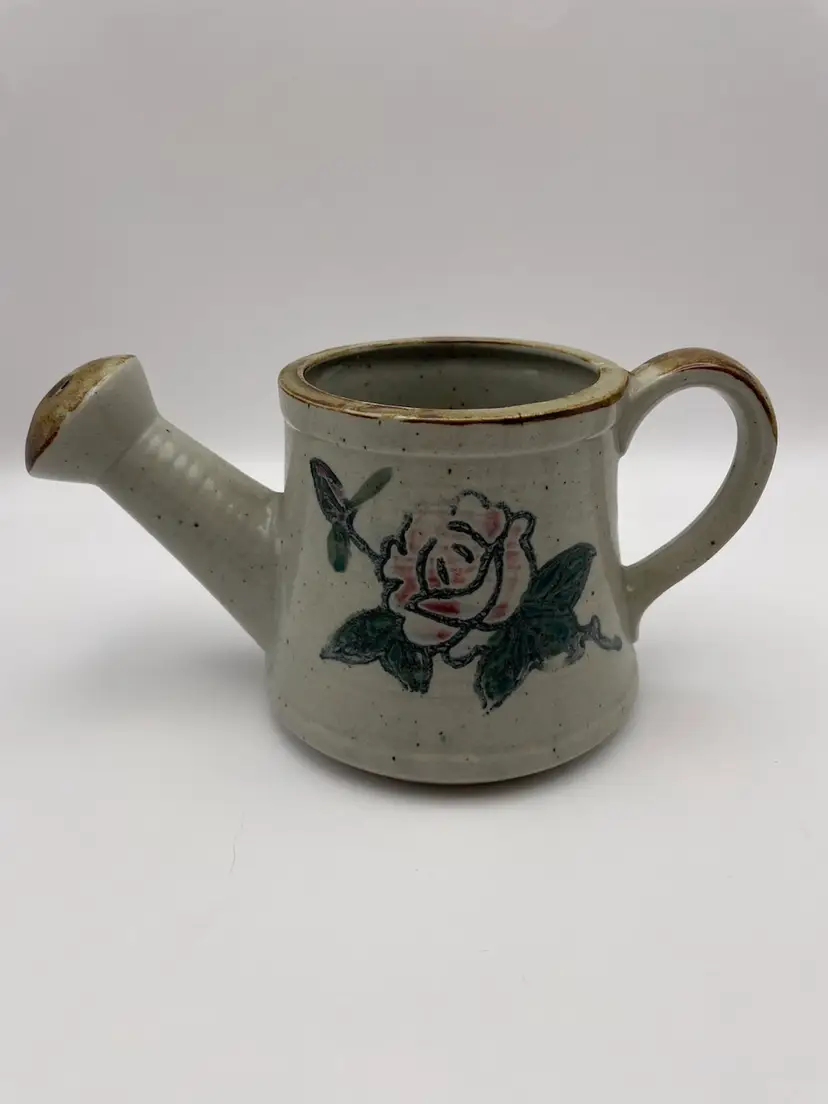 Speckled Ceramic Stoneware Watering Can Planter With Rose Flower Design- Japan