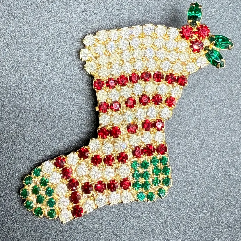 Rhinestone Embellished Goldtone Christmas Stocking Brooch Pin 3”