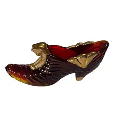 GLOWY Randy Fenton Artist Signed Amberina Handpainted Gold Cats Head Slipper Shoe - 5” Long