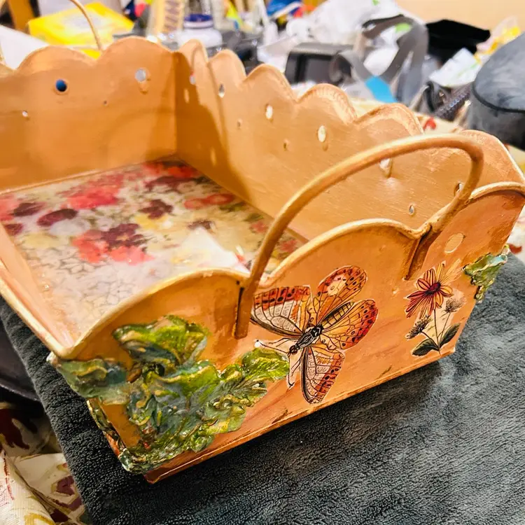 Fall Large Metal Tray Decoupaged Floral With Gold Flecks And Resin