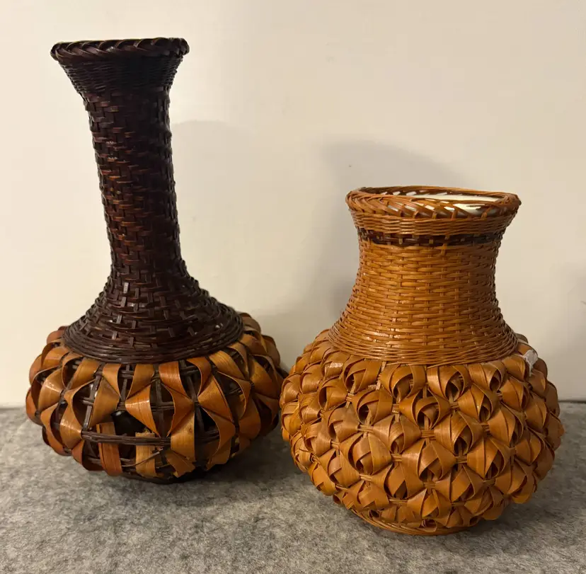 2 Vintage Handwoven Japanese Ikebana Style Vases w/ Porcelain Insets  #3021