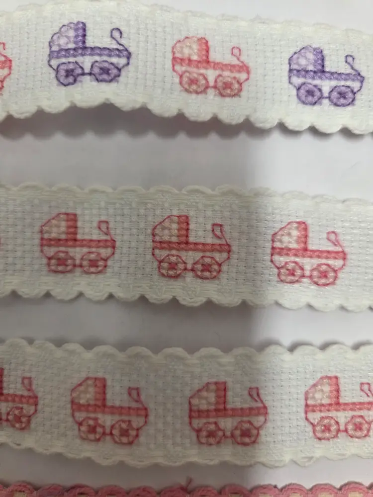 New 7 Piece Lot of Cross-stitched Ribband Girl Themed Pink and Purple to Add To Crafts