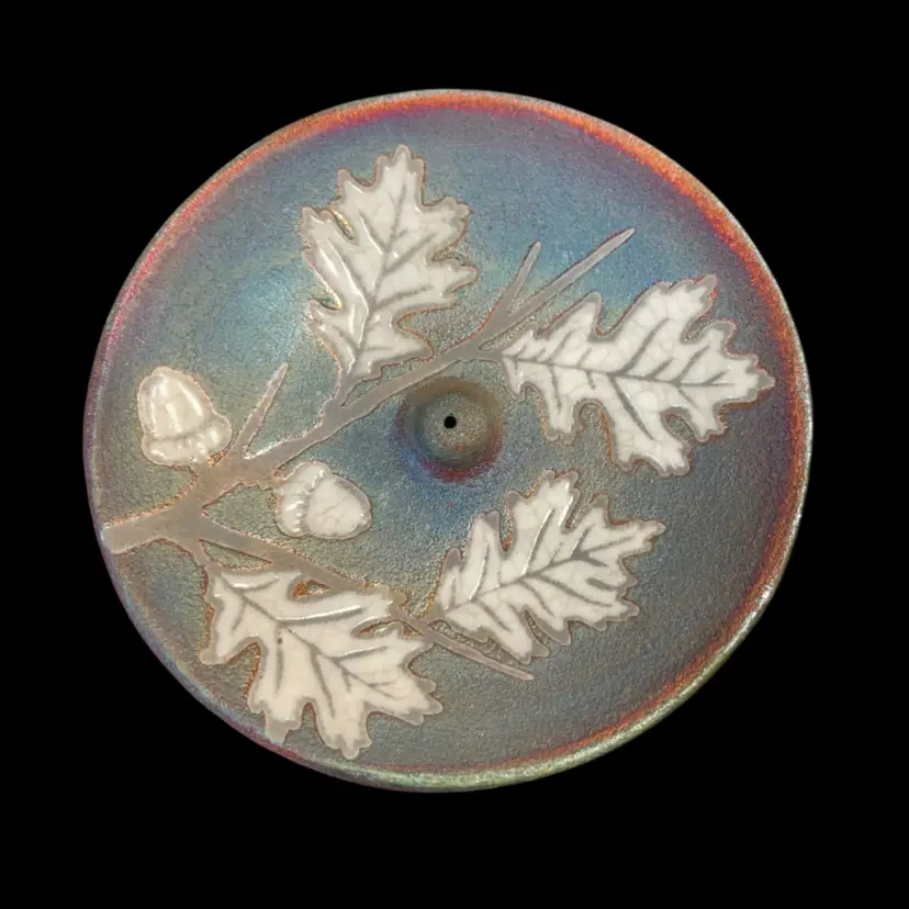 Jeremy Diller Raku Pottery Incense Burner featuring an Oak leaf and Acorn design