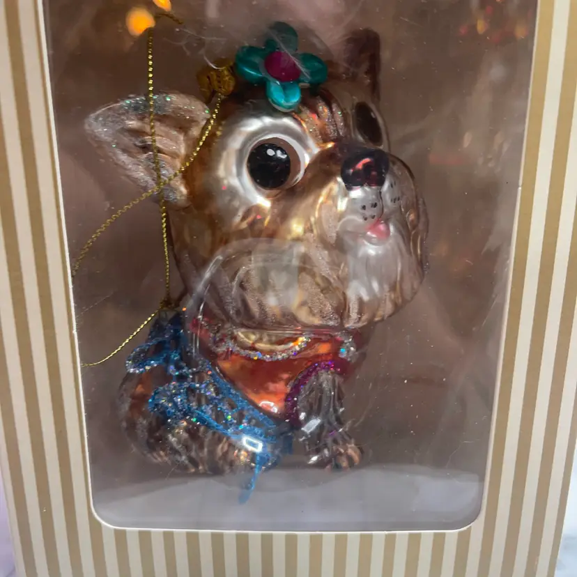 Blown Glass Yorkie Ornament Dressed Up