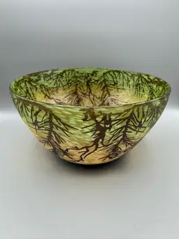 Bowl Hand Blown Art Glass Art Nouveau Carol Nesbitt Style Pine Tree Etching