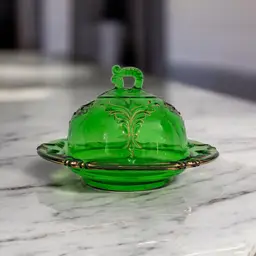 Emerald Green EAPG Covered Butter Dish • Doric Scroll Pattern w/ Gold Trim • Victorian Pressed Glass