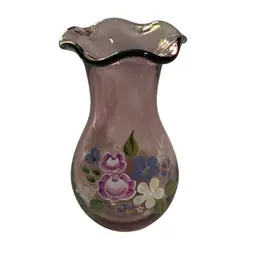 #00001 Gorgeous Fenton For Teleflora Hand Painted Floral Ruffled Top Amethyst Glass Vase 8” Tall And 4” Diameter At Widest