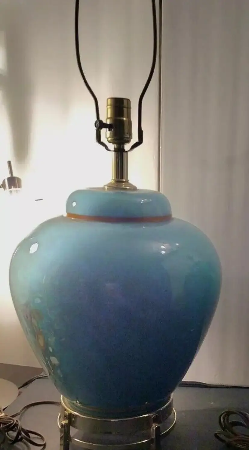 Hollywood Regency Blue Table Lamp Ginger Jar Reverse Paint Brass Footed