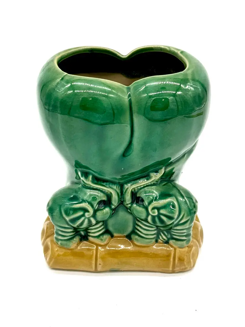 Planter Vintage Majolica Ceramic Green Elephant Bamboo Heart Trunk Up 5.5”H