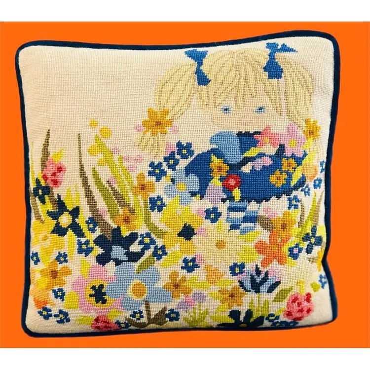 Vintage Needlepoint Pillow With Little Girl In a Field Of Flowers Print
