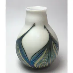 Vintage Charles Lotton Opal Vase w/ Blue Luster Yellow Pulled Thread Design 1984