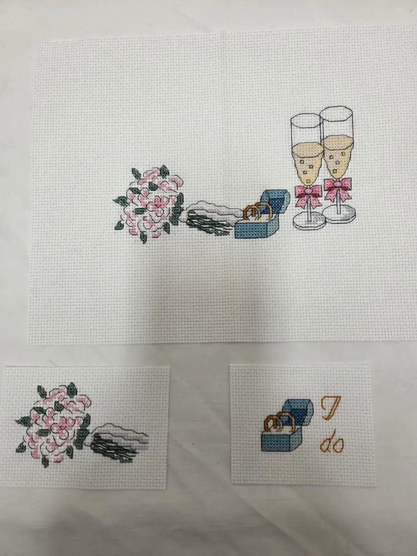 Lot of 3 New Finished Cross-stitched Wedding Themed Pieces Ready To be framed or Added To Your Craft Project