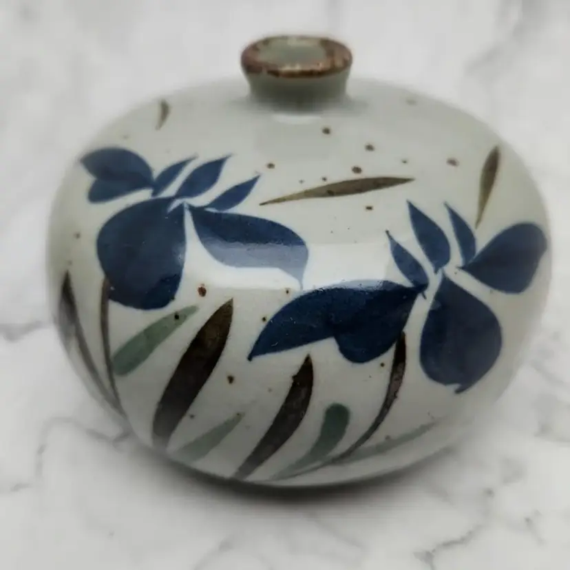Napcoware Japan Brown Speckled Ceramic Bud Vase, Blue Flowers, Japan