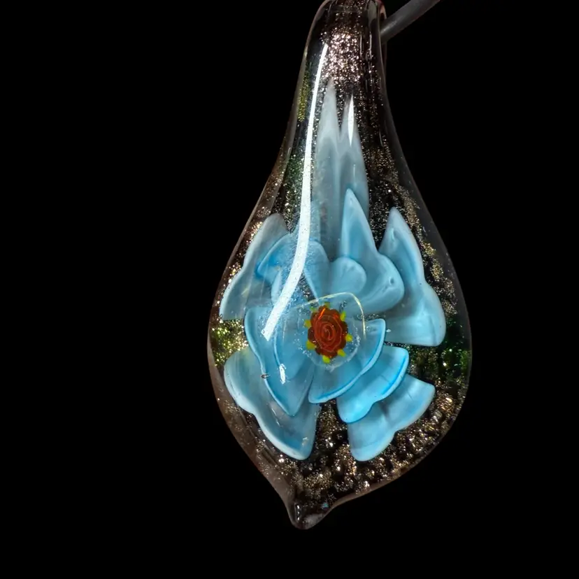 Encased Lampwork Blue Flower On Gold Aventurine Flecks Glass Pendant Necklace