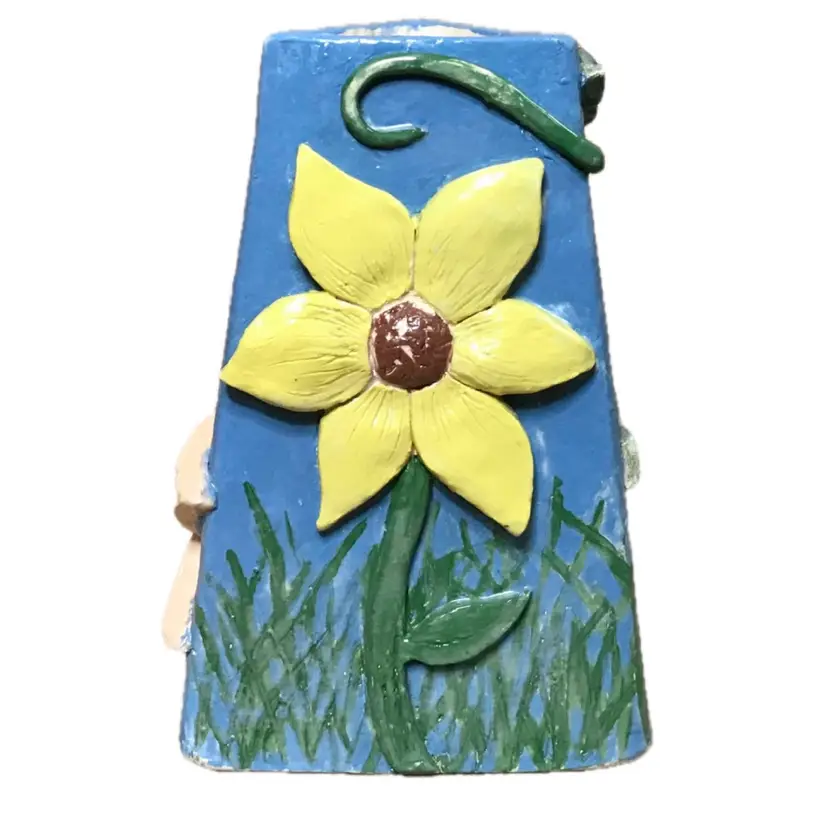 Vintage Pottery Sunflower Butterfly Vine Vase Whimsical Twee Quirky Fairy Core