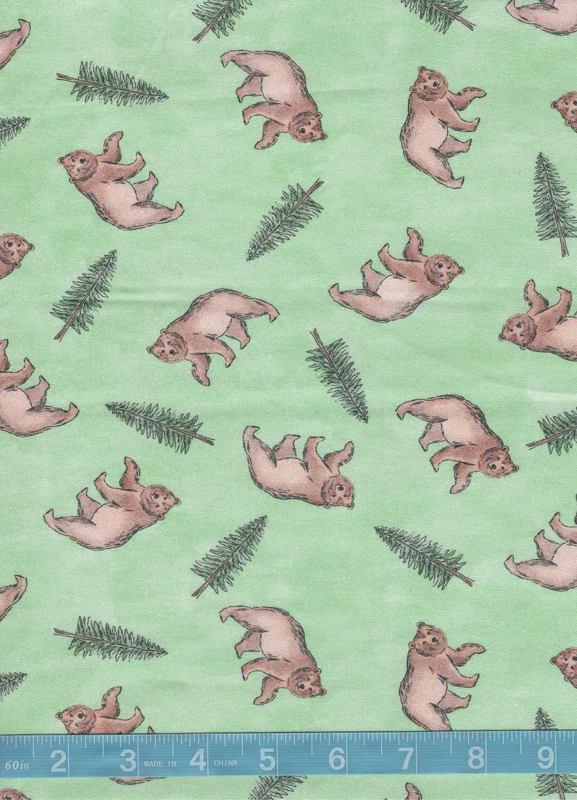 California Bear Cotton Fabric by the Yard – Green Woodland Bear & Pine Tree Quilting Fabric – Forest Animal Sewing Fabric (100% Cotton)