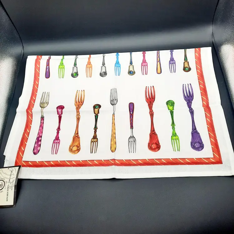 Multi-colored Fork Tea Towels Tessitura Toscana Telerie Firenze Italy Set Of 2