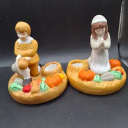House Of Lloyd Thanksgiving Vintage Candleholder Set Pilgrim Boy And Girl
