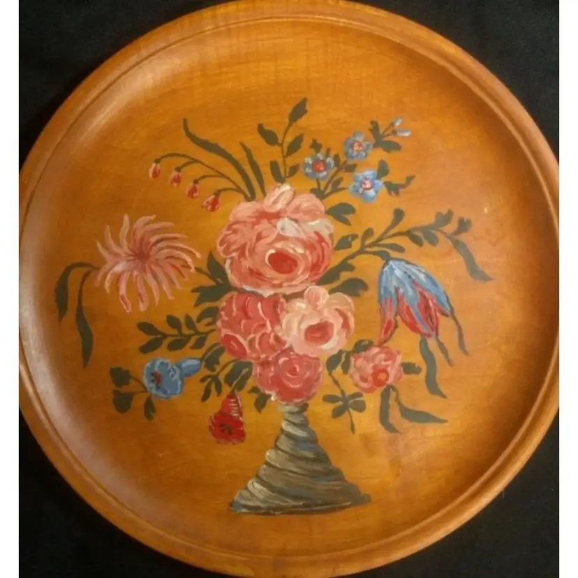 Vintage Wood Wall Decoration Plate Painted Flowers In A Vase