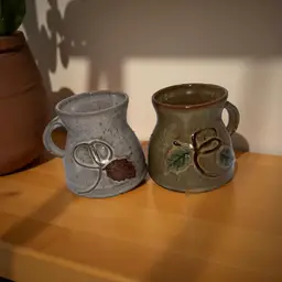 Vintage Studio Pottery Mugs With Sculpted Leaves