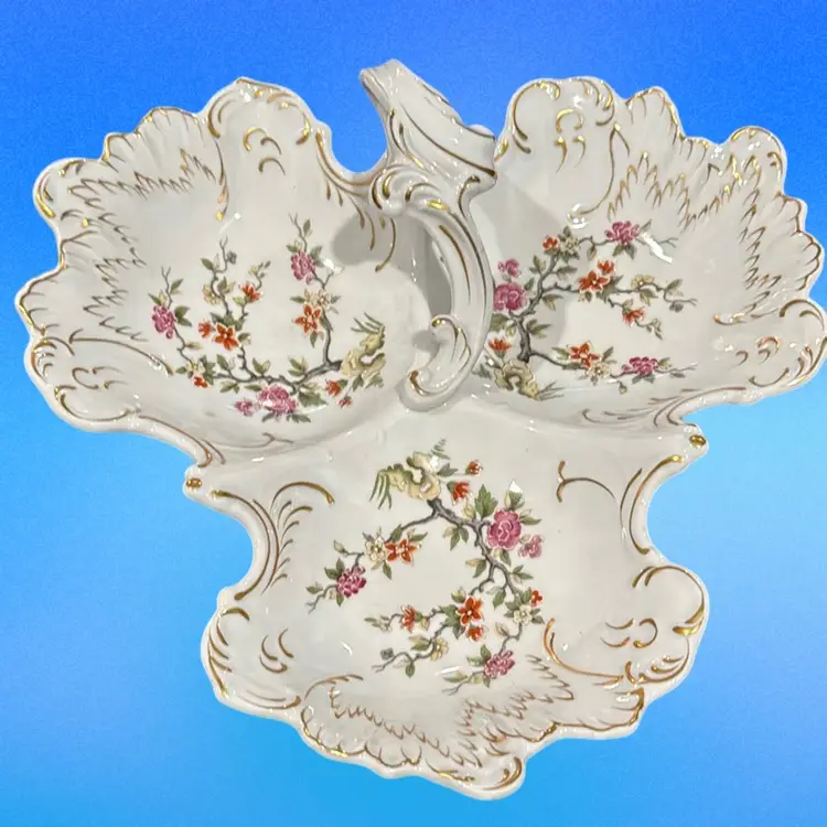 Vintage Beckwith Rose Porcelain  3 Section Condiment Serving Dish