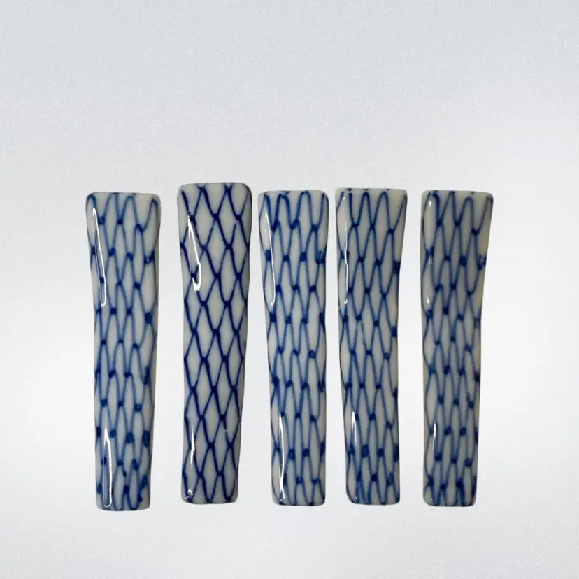 Set of 5 Vintage Japanese Ceramic Chopstick Rest Holders Blue on White Pattern.