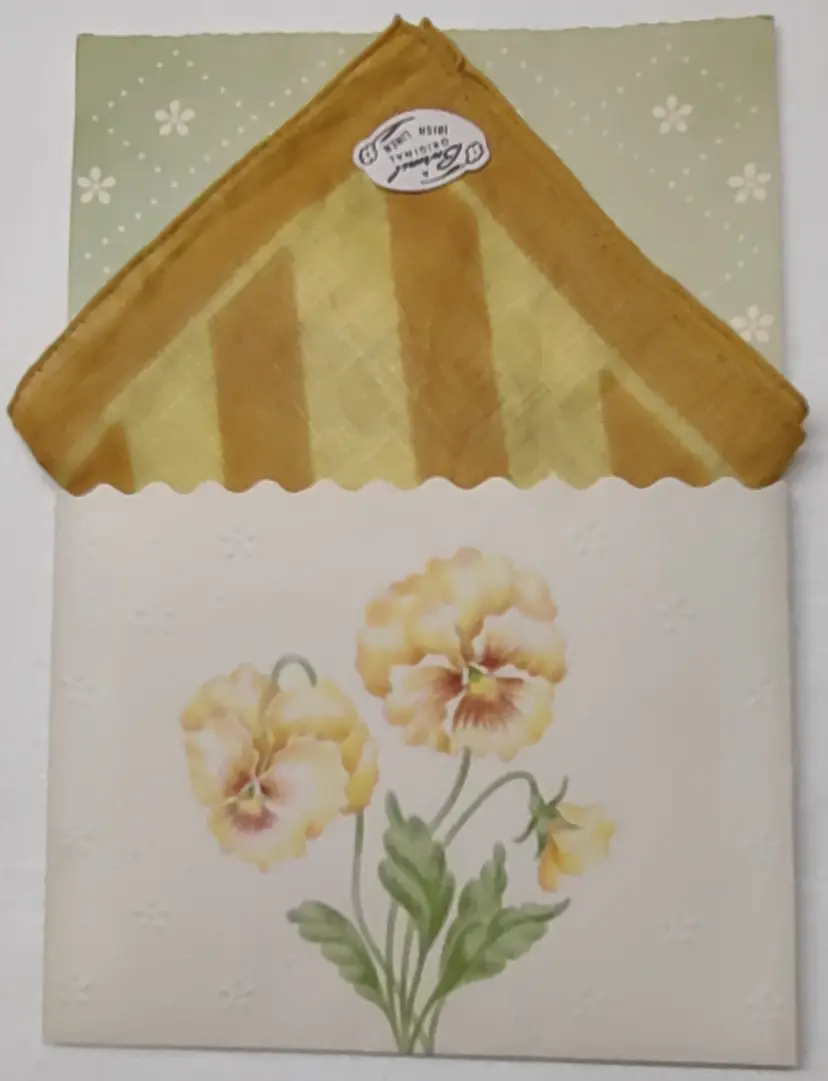 Vtg Folio Card with Pansies and a coordinating Burmel original striped hankie 26CG04