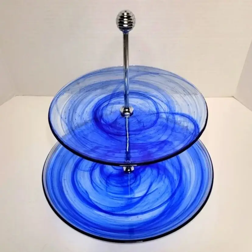 Art Glass Blue Swirl Two-Tier Serving Plate Unique Excellent