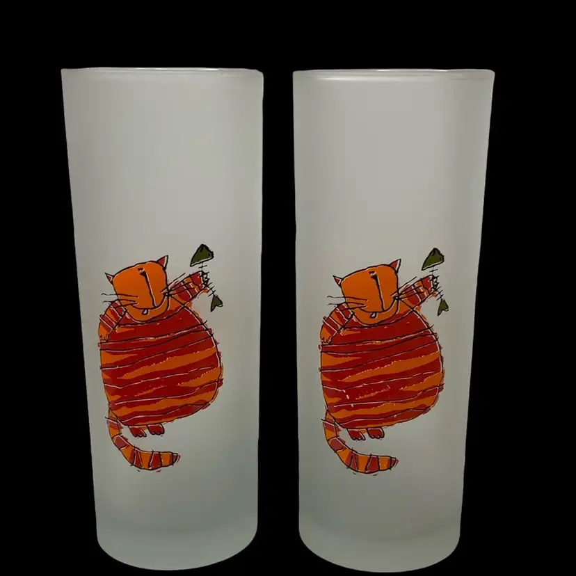 Lot Of (2) Frosted Highball Glasses Dartington Designs Cats From France