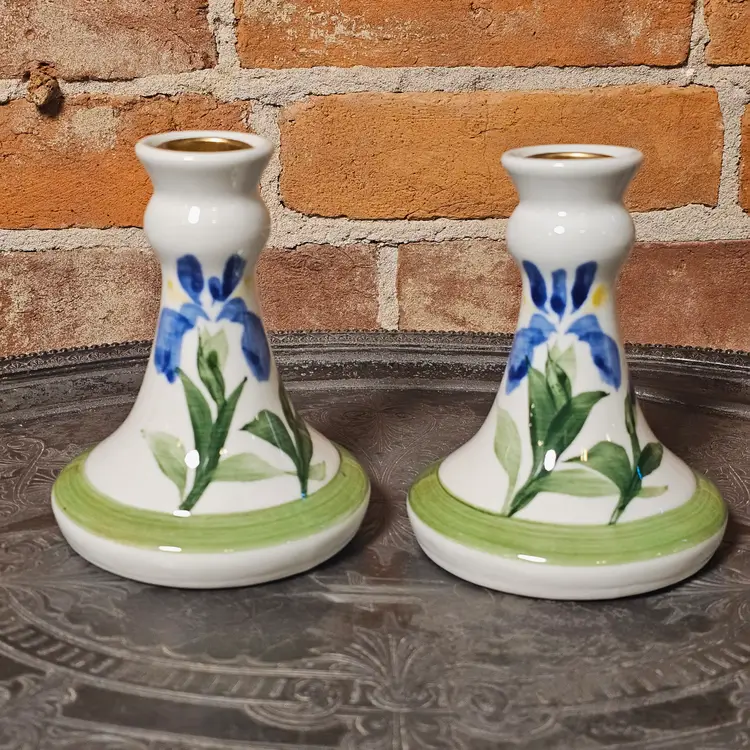 Vtg Sheepscot River Pottery Candlestick Holders Pair Hand Painted Blue Floral SRP Maine