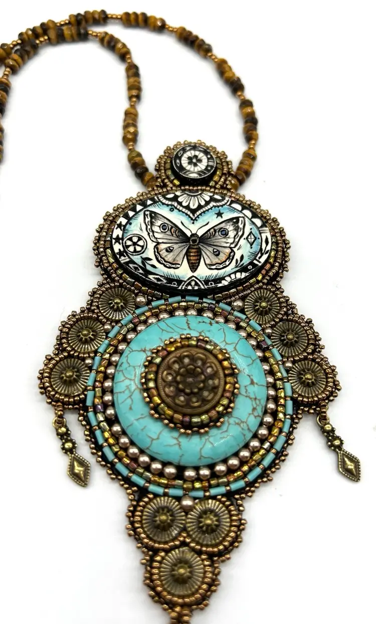 Hand Made Bead Embroidered Necklace Moth Turquoise Tiger Eye