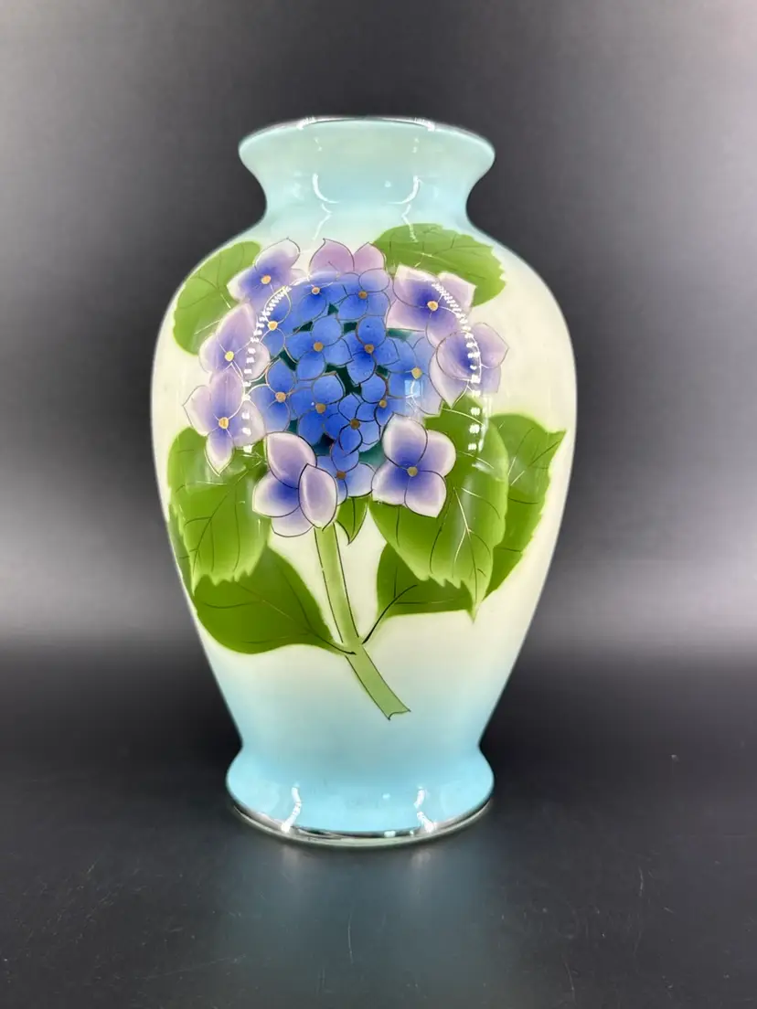 Vtg Kokusui China Cloisonne Style 8.5" Vase Blue Hydrangea Pattern Silver Trim